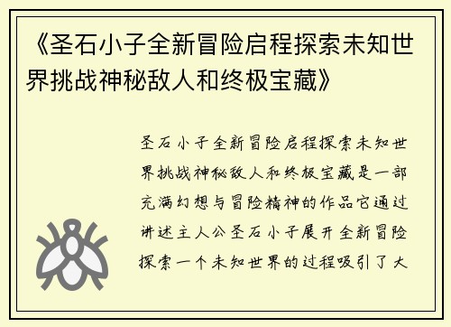 《圣石小子全新冒险启程探索未知世界挑战神秘敌人和终极宝藏》